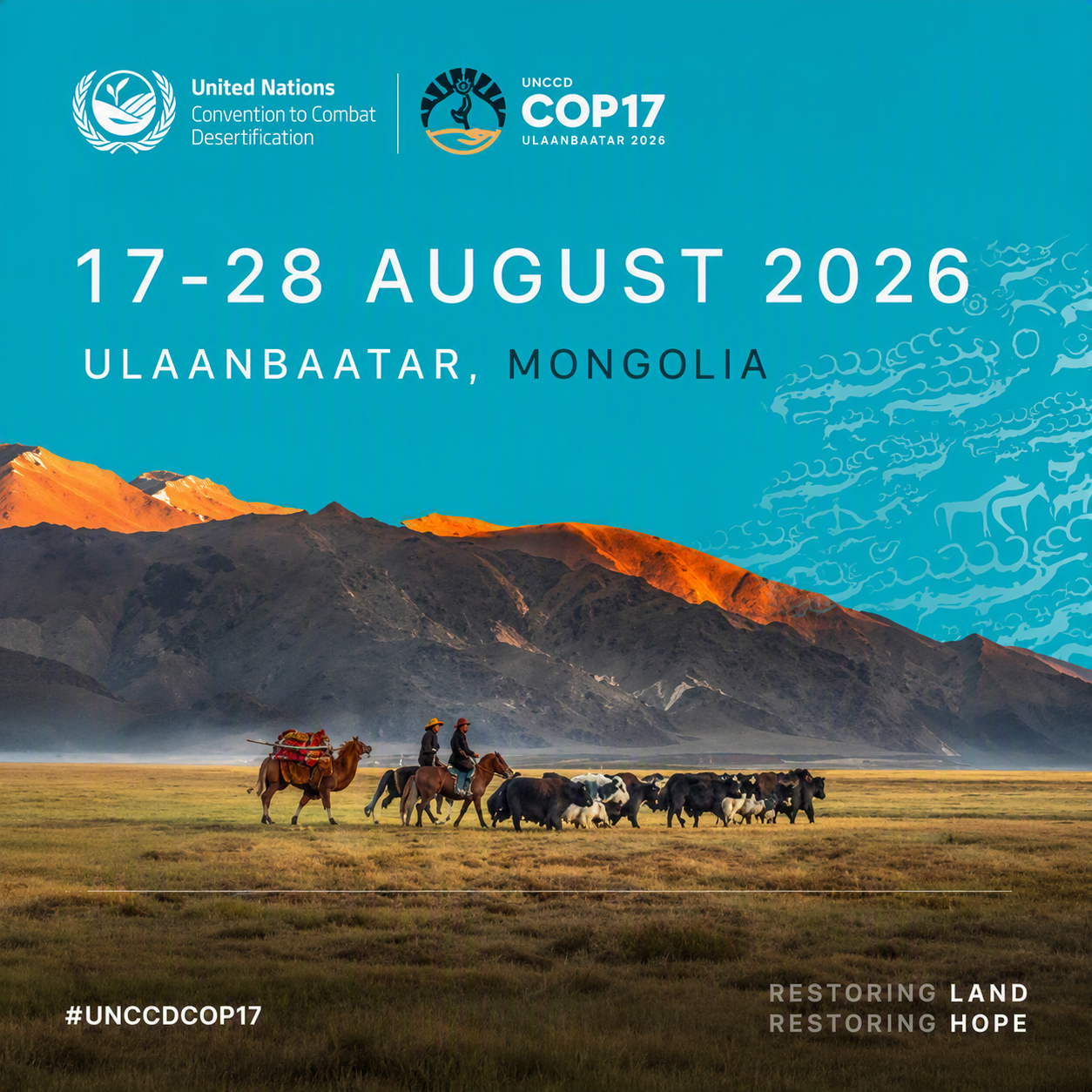 Tevék és lovak vonulnak a mongóliai tájban, háttérben hegyek, COP17 konferencia plakát szöveggel.