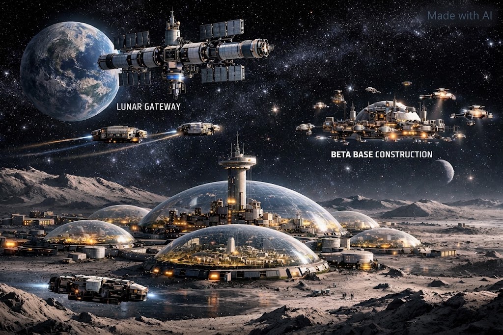 A Holdra települt emberi kolónia 2060-as állapotának elképzelt képe, amely egy későbbi, 2084-ben játszódó történet előzményeként mutatja be Ecliptica fejlődését.